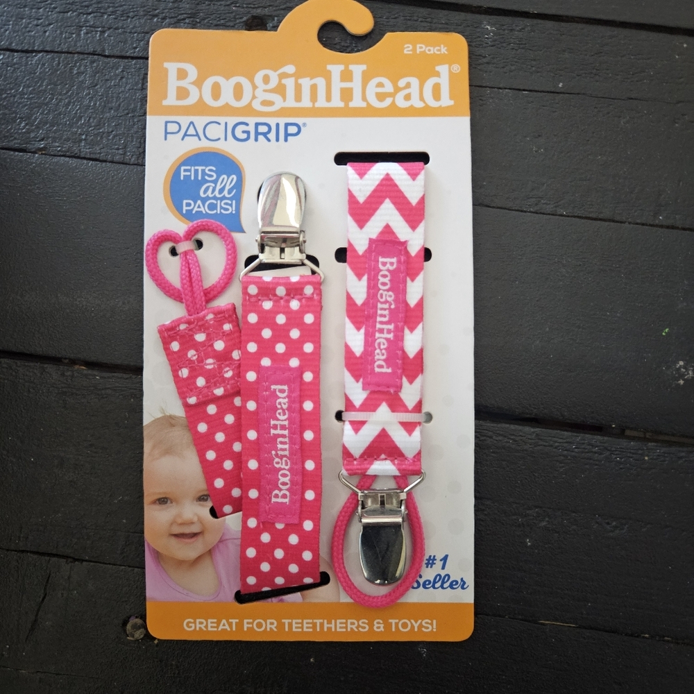 BooginHead NWT Pacigrip Pink Pacifier Clip Set Chevron Polka Dot Baby Girl Gift